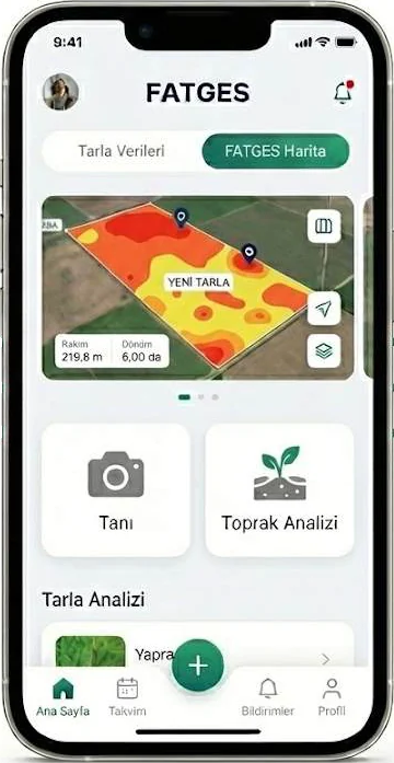 FATGES mobil uygulaması: tarla haritası, tanı ve toprak analizi ekranı